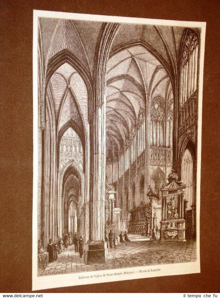 Gravure année 1872 Intérieur de l'église de Saint Hubert Belgique …