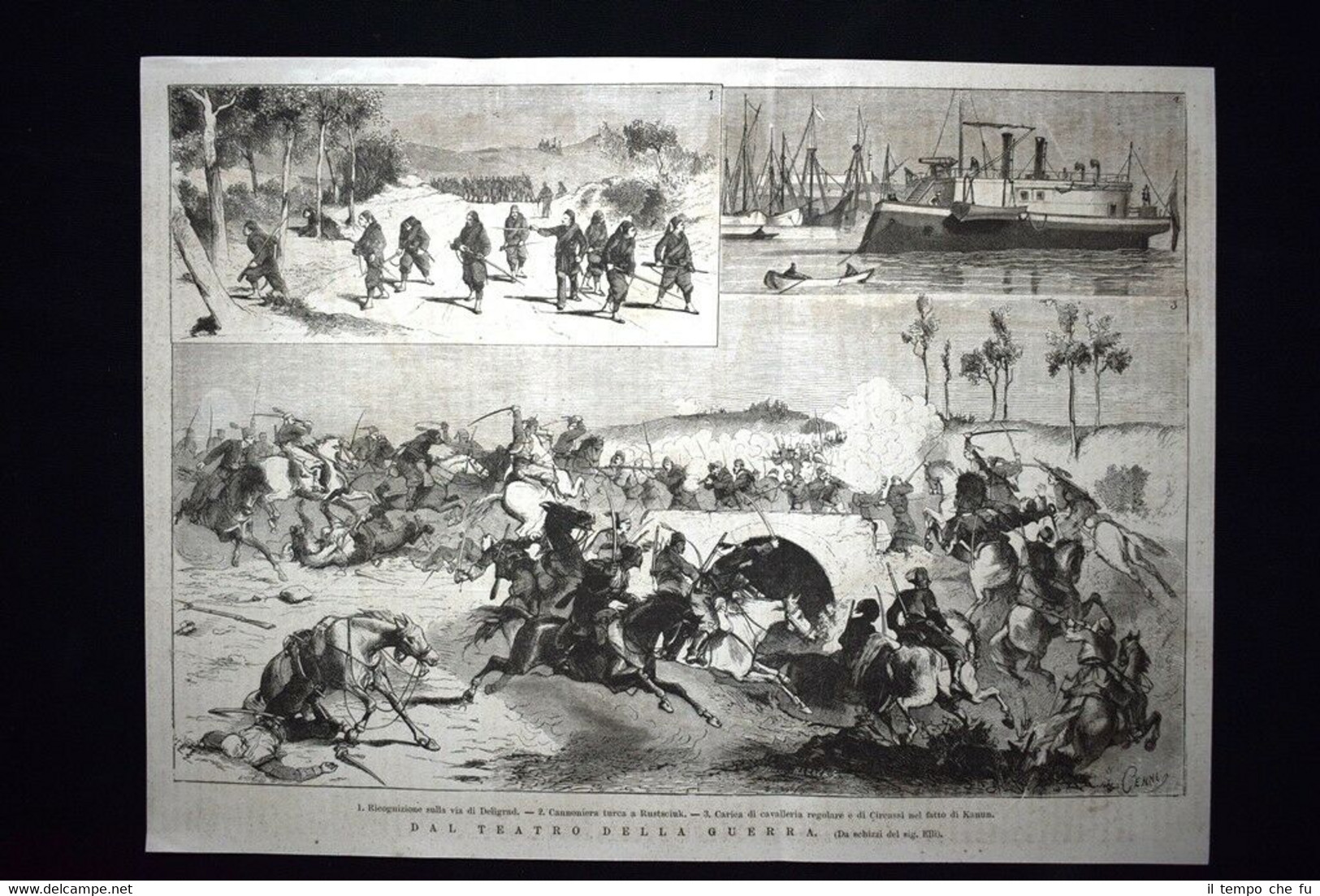 Guerra Serbia-Turchia:Deligrad-Cannoniera turca a Rustsciuk Incisione del 1876