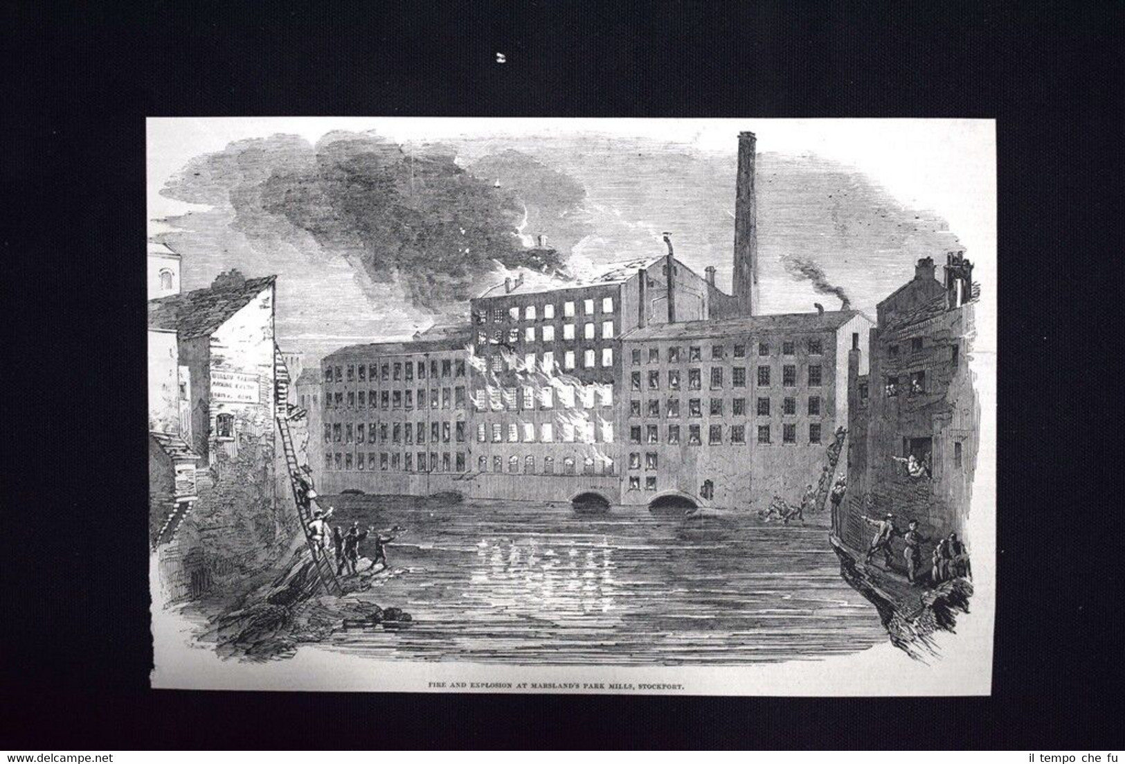 Incendio nelle fabbriche di Marsland, Stockport, Inghilterra Incisione del 1851