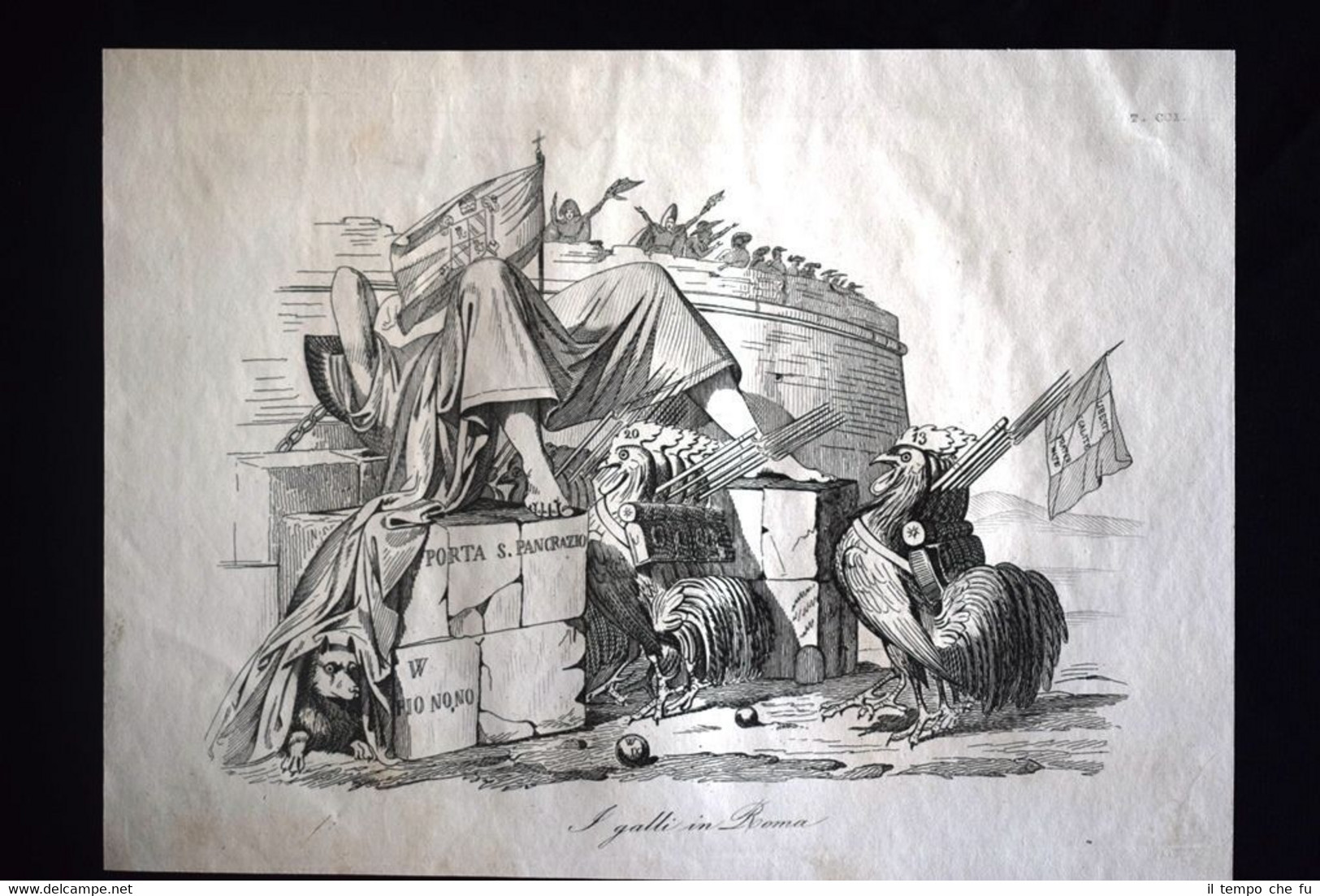 Incisione d'allegoria e satira 4 luglio 1849, Francesi a Roma …