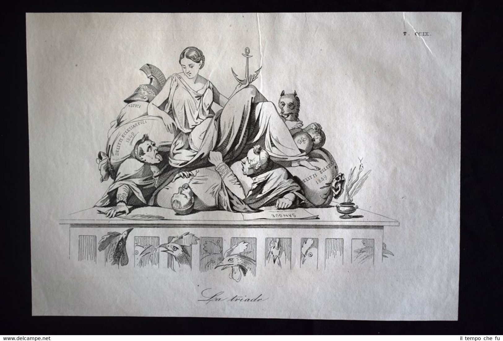 Incisione d'allegoria e satira Altieri, Della-Genga, Vannicelli Don Pirlone 1851