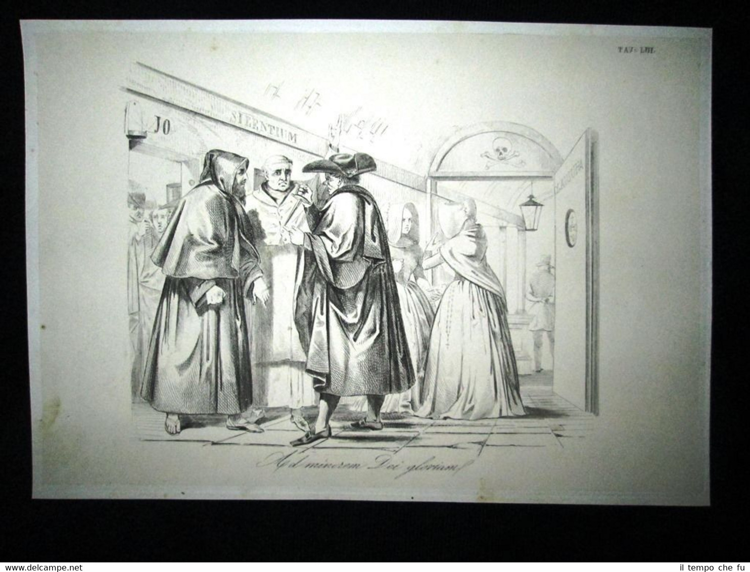 Incisione d'allegoria e satira Associazioni politiche,conventi Don Pirlone 1851