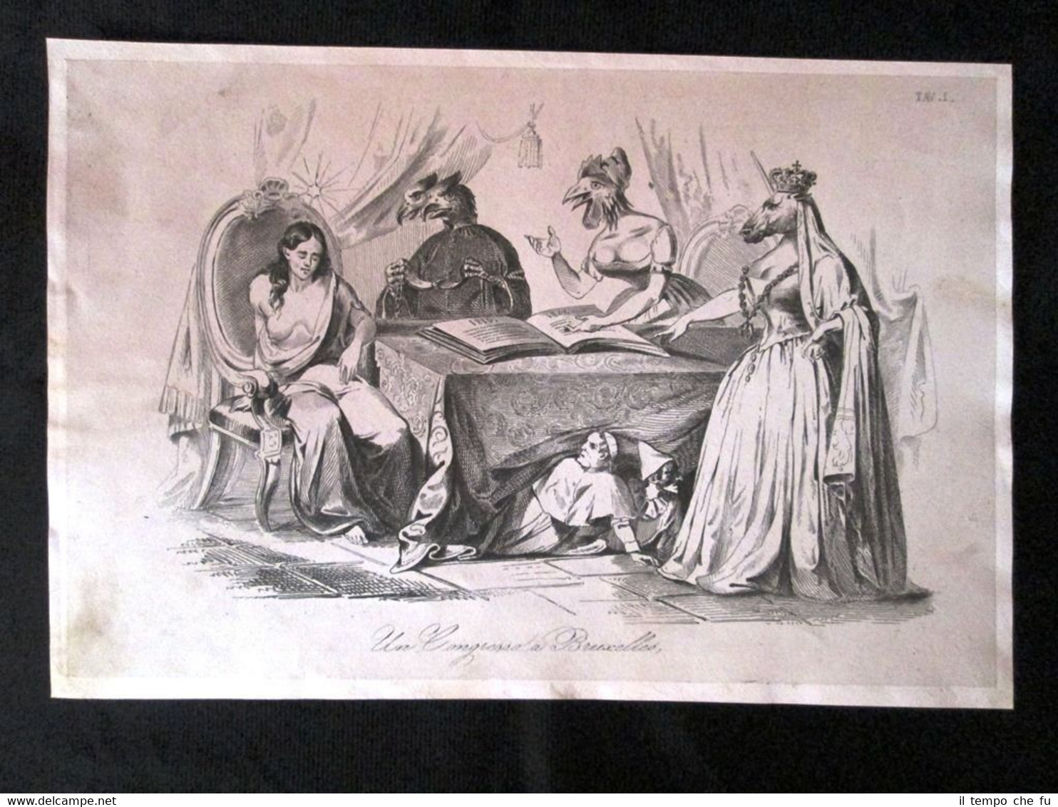 Incisione d'allegoria e satira Bruxelles,Italia,Austria,Francia Don Pirlone 1851