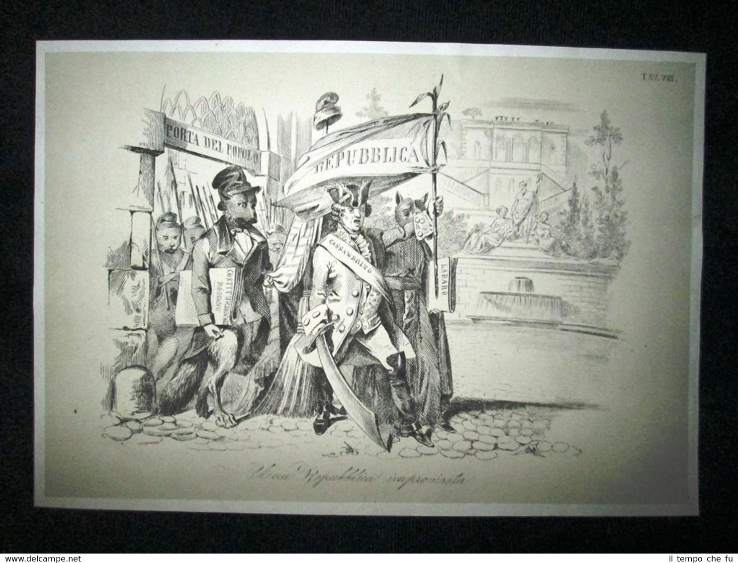 Incisione d'allegoria e satira Cassandrino,Labaro,Costit.Romano Don Pirlone 1851