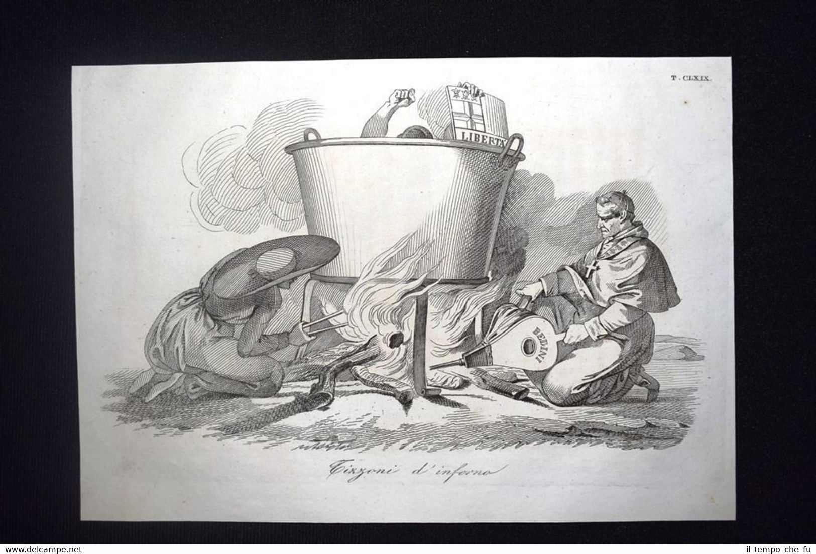 Incisione d'allegoria e satira Condanna alla libertà, Bologna Don Pirlone …