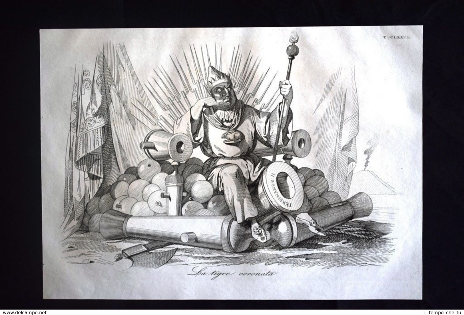 Incisione d'allegoria e satira Ferdinando II di Borbone Don Pirlone …