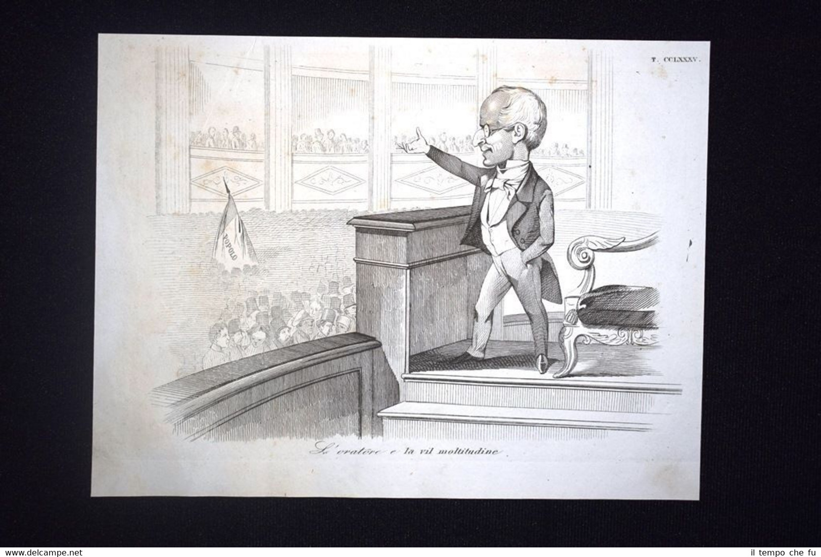 Incisione d'allegoria e satira Francia, Adolphe Thiers Don Pirlone 1851