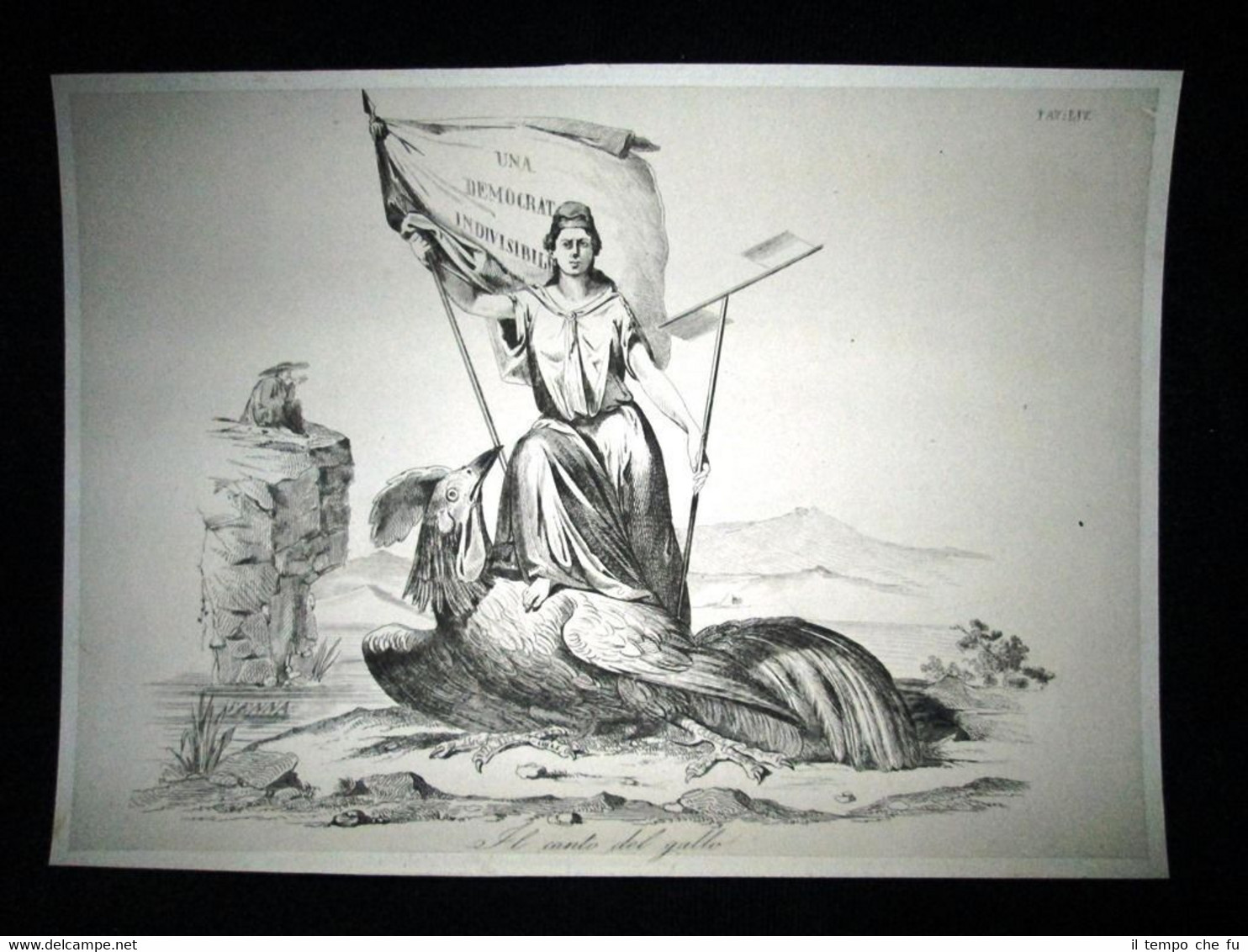 Incisione d'allegoria e satira Francia, libera costituzione Don Pirlone 1851