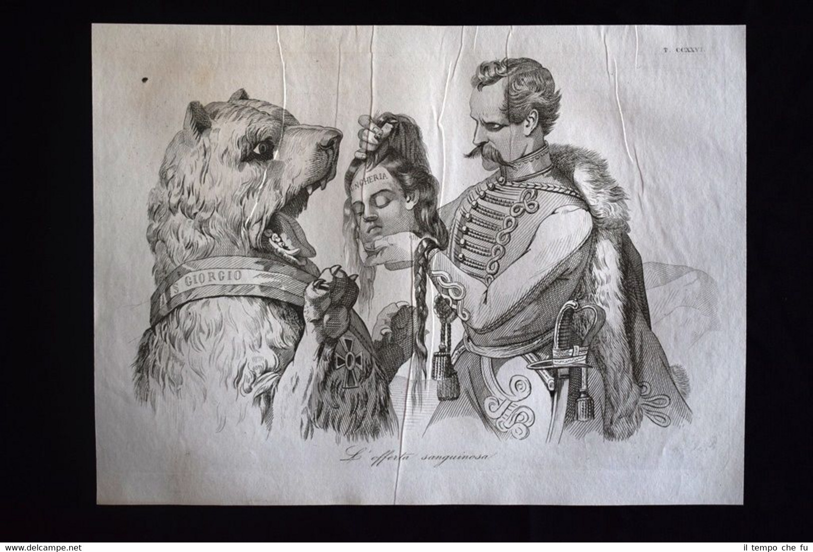 Incisione d'allegoria e satira Goergey, Ungheria, Russia Don Pirlone 1851