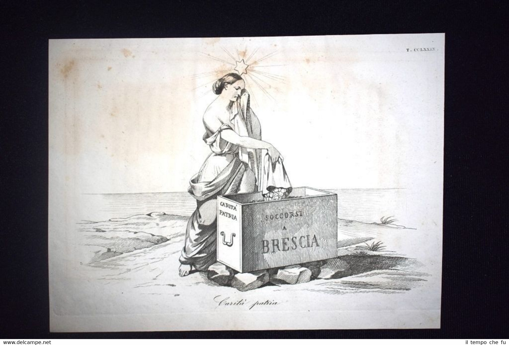 Incisione d'allegoria e satira Inondazione Brescia, Italia Don Pirlone 1851