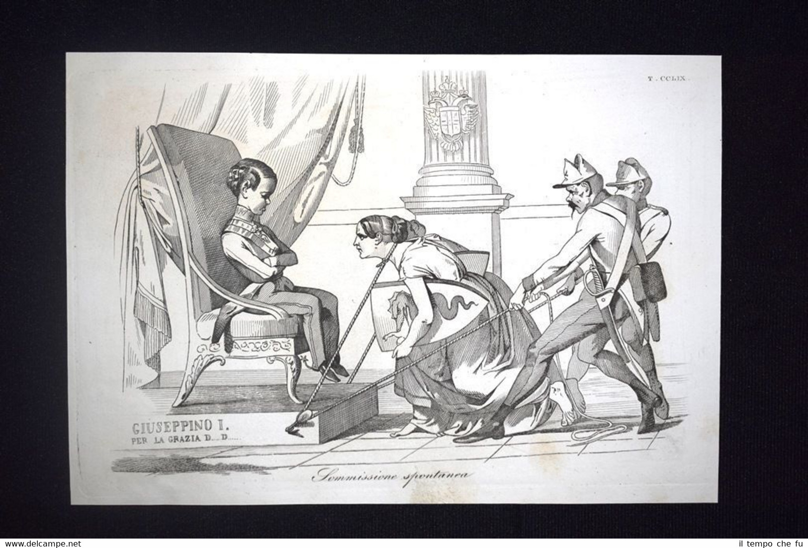 Incisione d'allegoria e satira Italia del Nord omaggio Austria Don …