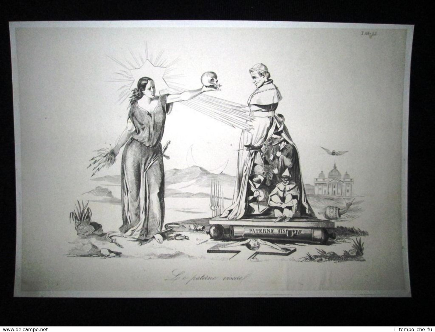 Incisione d'allegoria e satira Italia, Papa Pio IX Don Pirlone …