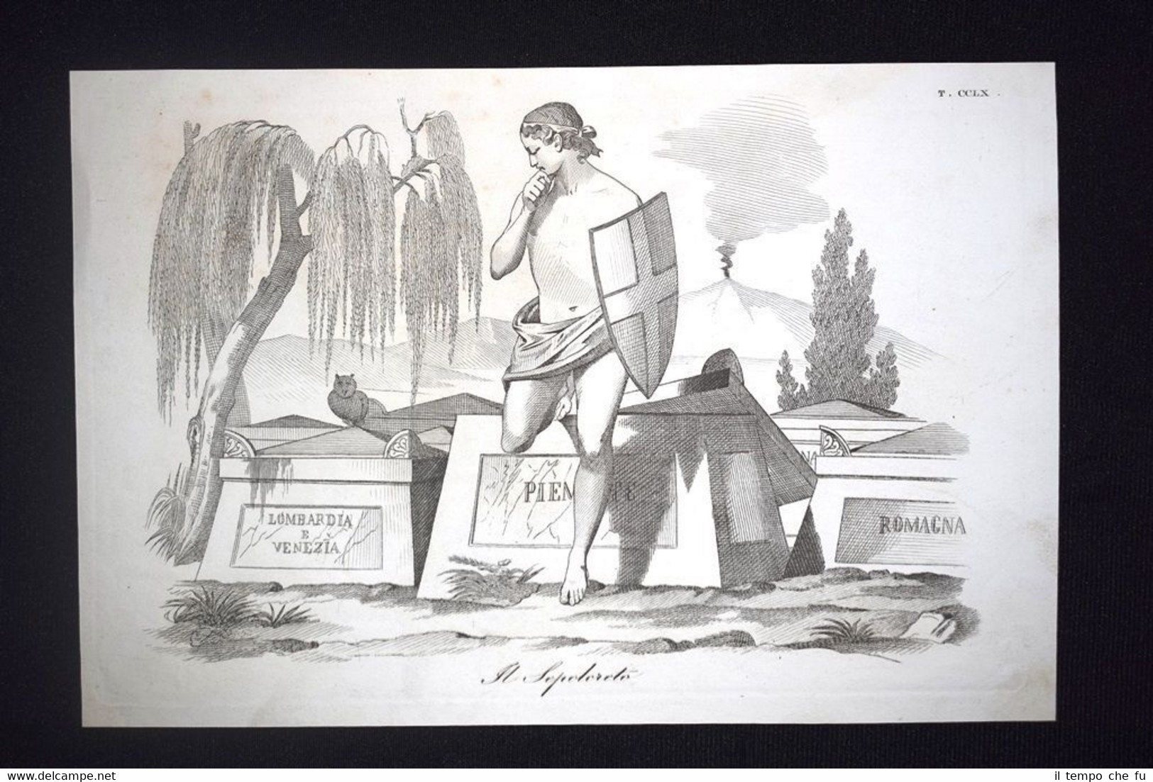 Incisione d'allegoria e satira Italia, Piemonte, Libertà Don Pirlone 1851