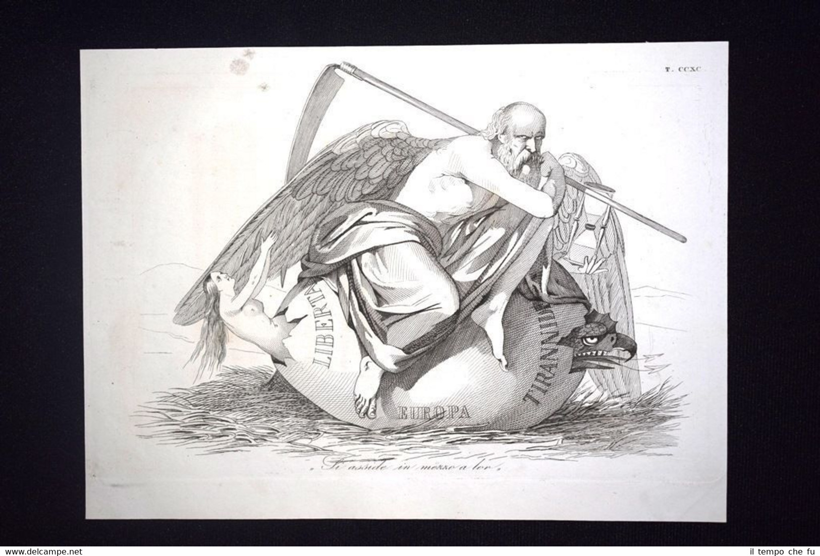 Incisione d'allegoria e satira Libertà, Tirannide, Europa Don Pirlone 1851