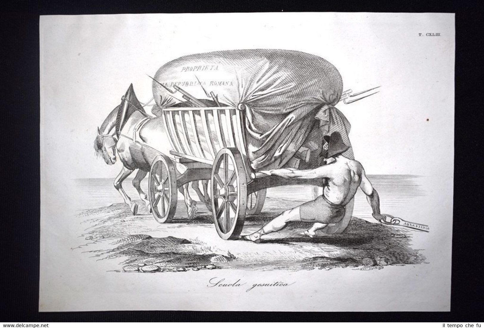 Incisione d'allegoria e satira Luigi Napoleone Bonaparte,Roma Don Pirlone 1851