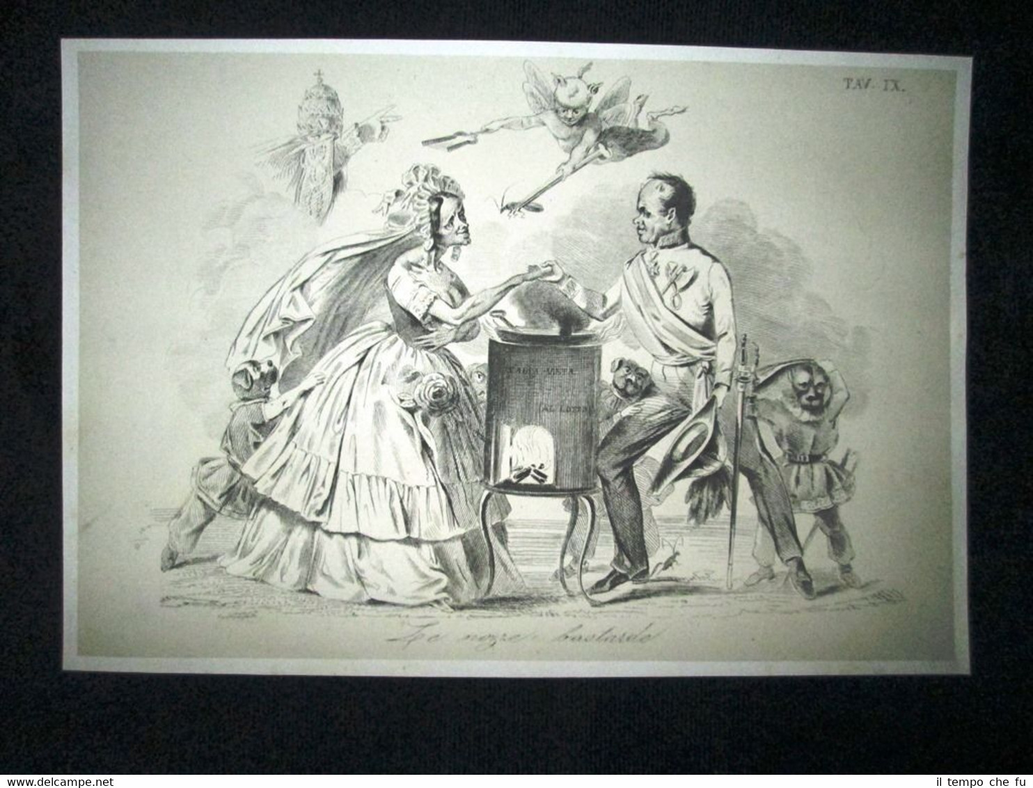 Incisione d'allegoria e satira Matrimonio Radetzky e Meregalli Don Pirlone …