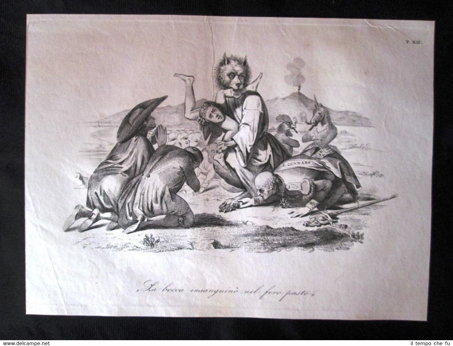 Incisione d'allegoria e satira Messina, Ferdinando di Borbone Don Pirlone …