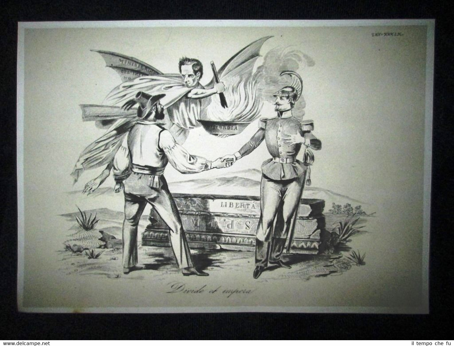 Incisione d'allegoria e satira Min. Pellegrino Rossi Don Pirlone 1851