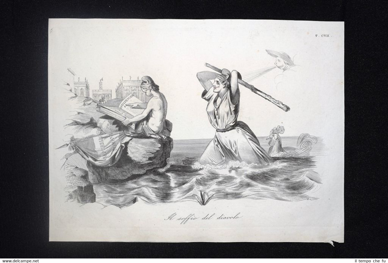 Incisione d'allegoria e satira Repubblica di Roma,Napoleone III Don Pirlone …