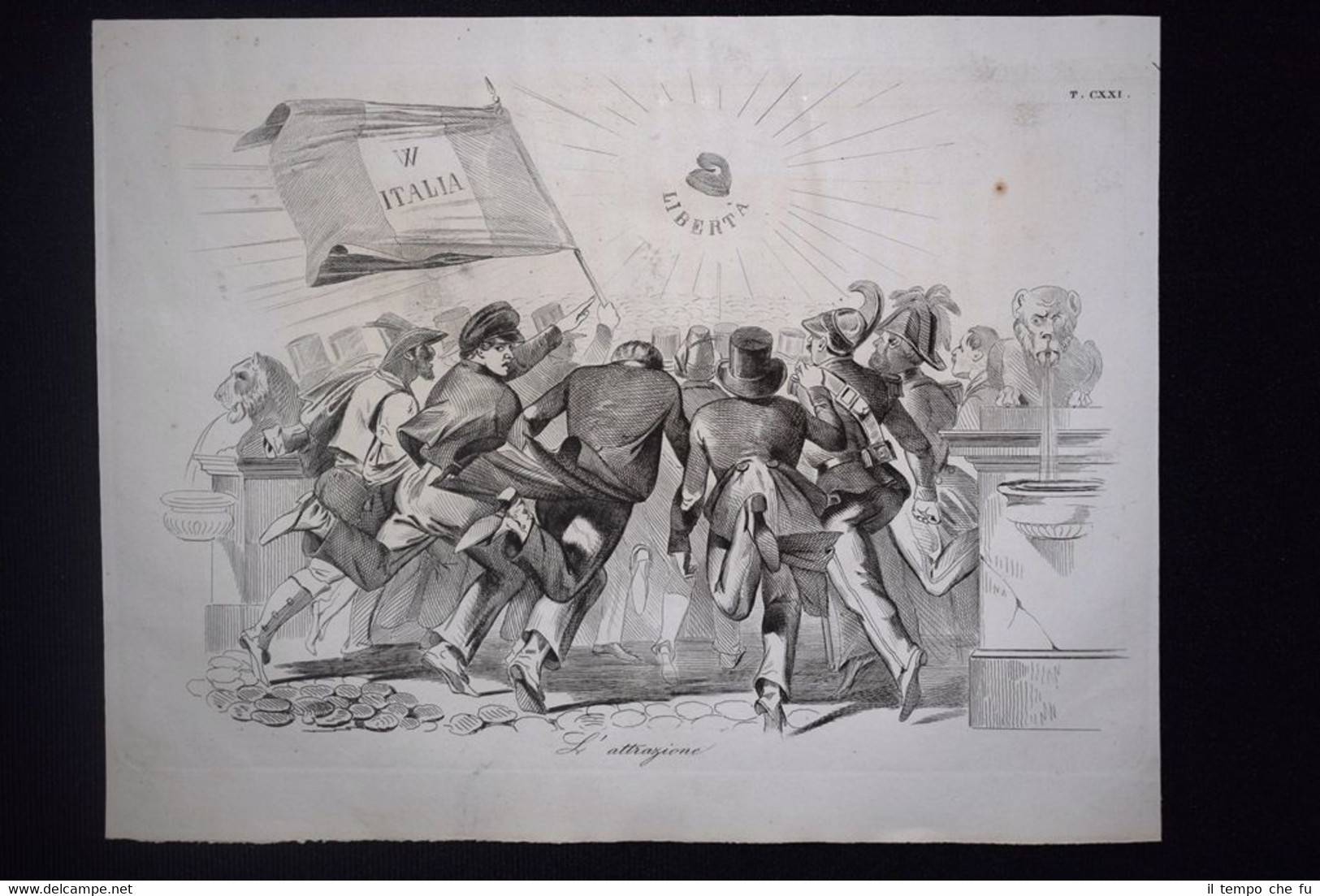 Incisione d'allegoria e satira Roma, Italia, Libertà Don Pirlone 1851