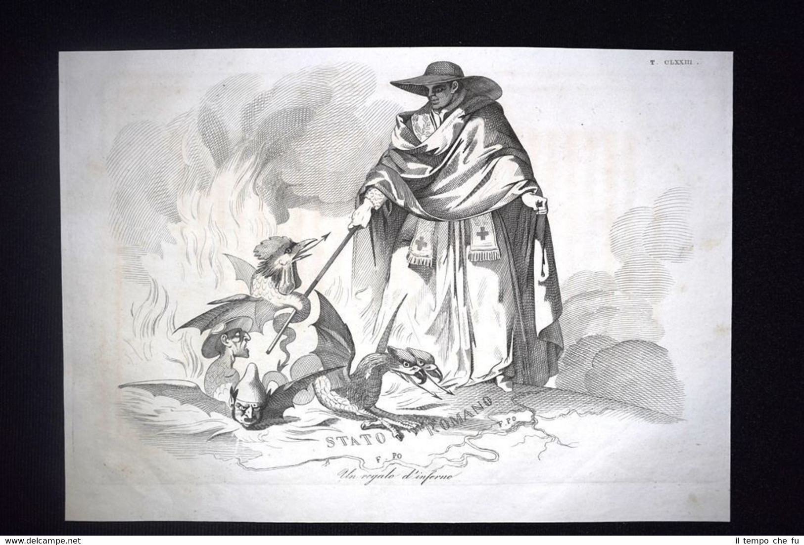 Incisione d'allegoria e satira Roma, Pio IX, Borbone, Francia Don …
