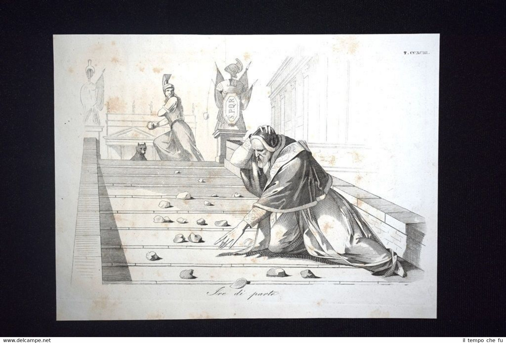 Incisione d'allegoria e satira Scisma Roma Simmaco Lorenzo Don Pirlone …