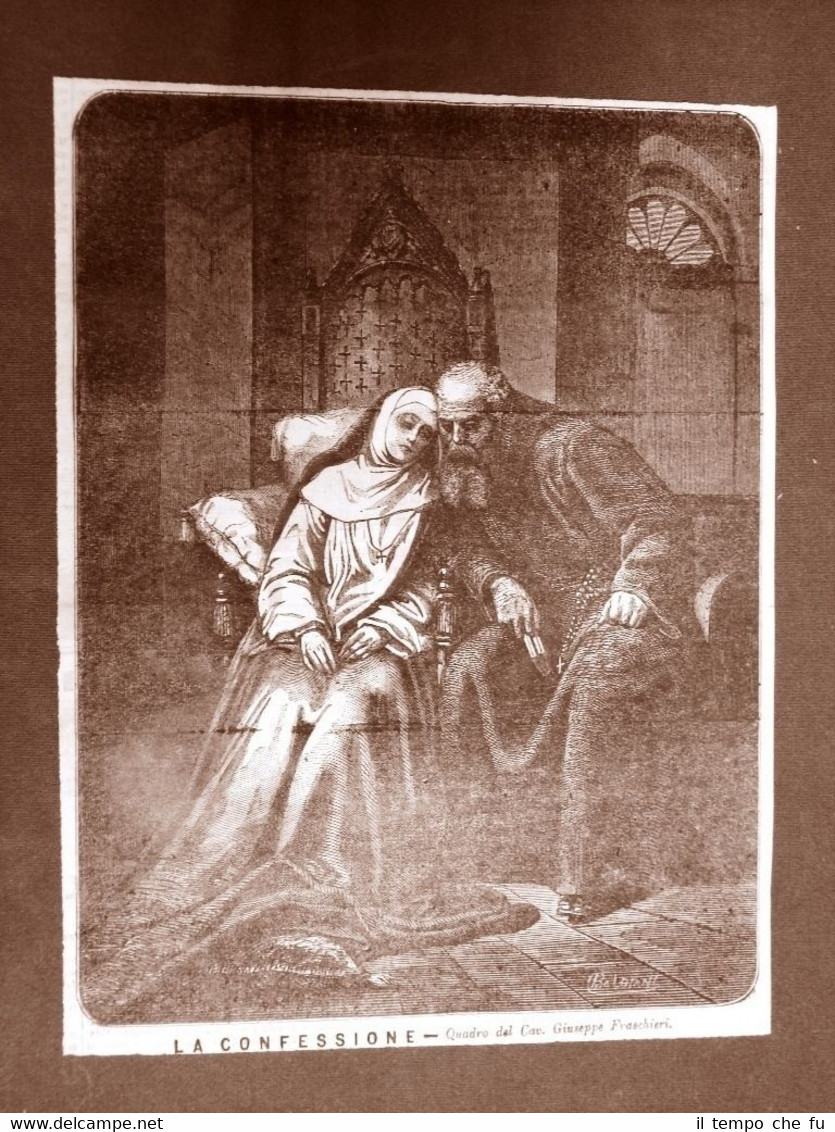 Incisione del 1864 La confessione Quadro del Cavaliere Giuseppe Fraschieri