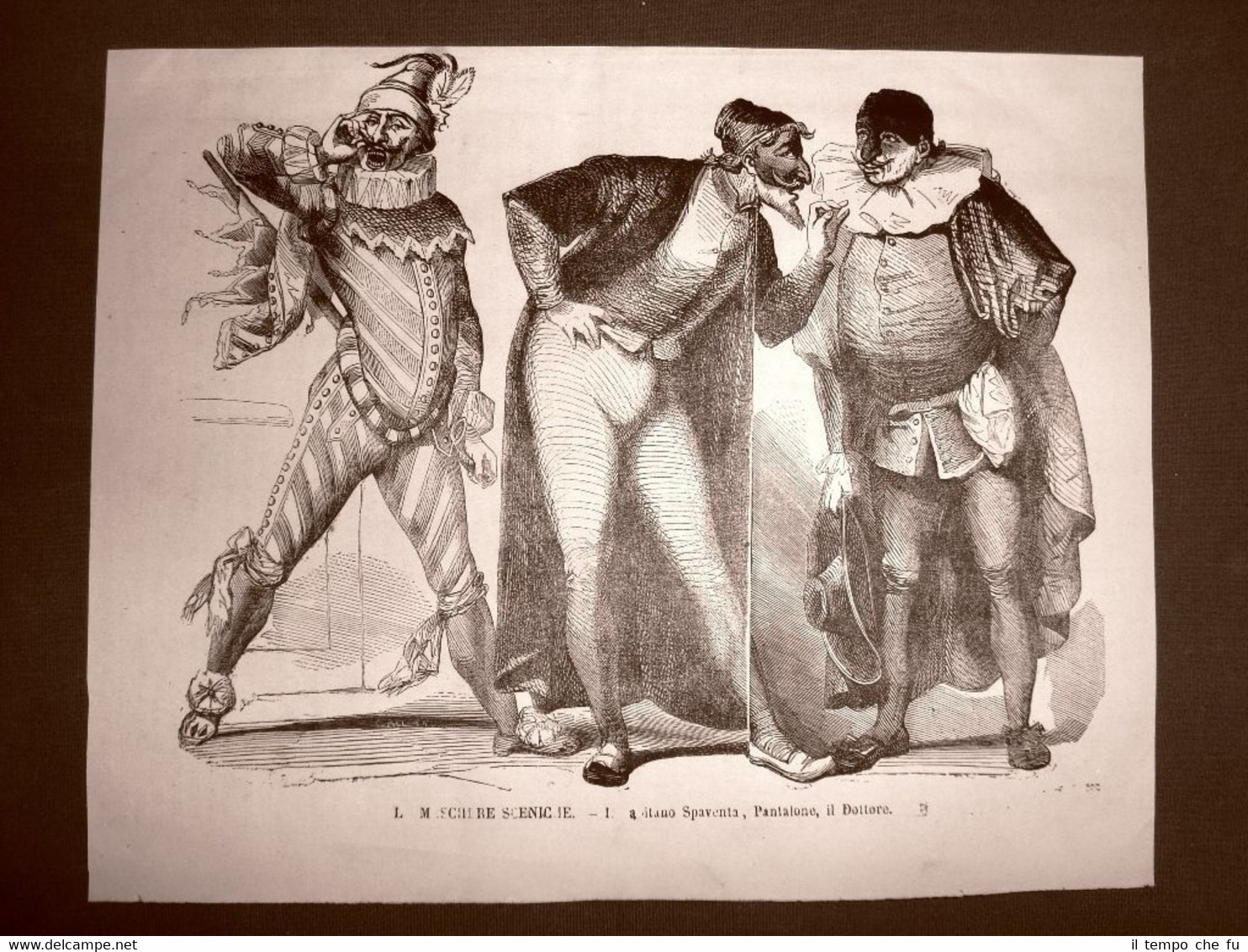 Incisione del 1866 Carnevale in Italia Maschere Spaventa, Pantalone, Dottore