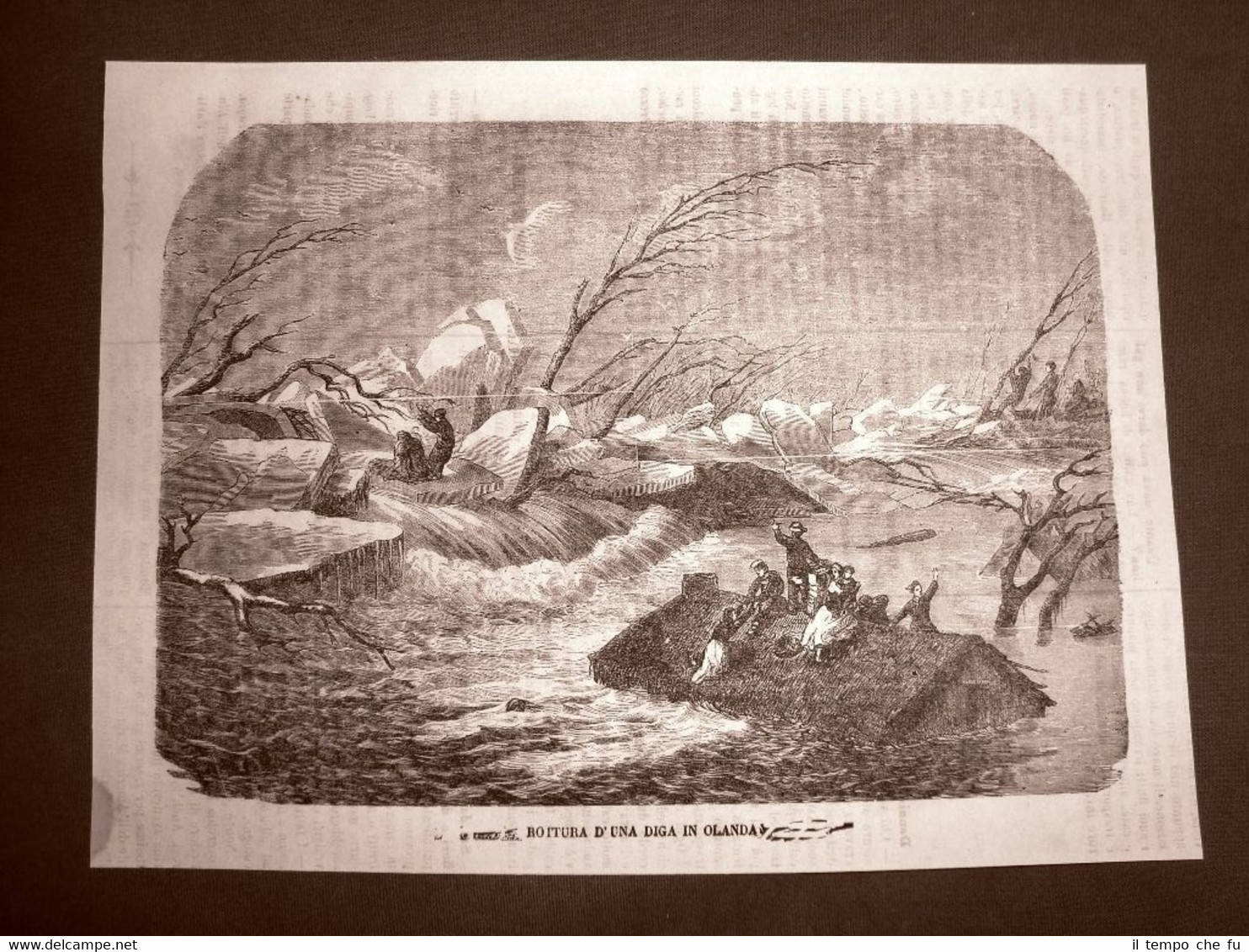 Incisione del 1866 La rottura di una diga in Olanda …