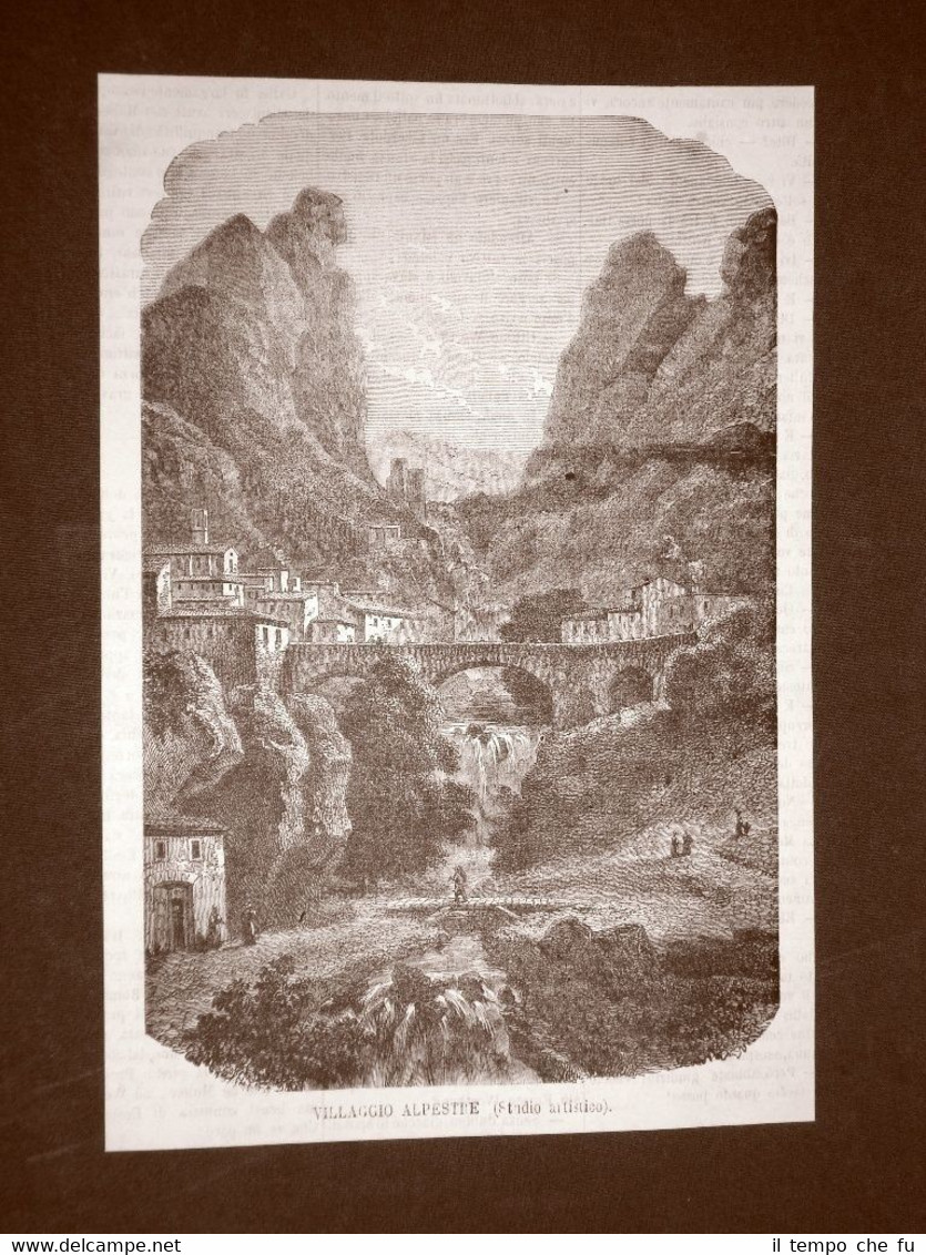 Incisione del 1866 Villaggio alpestre o sulle Alpi Studio artistico …