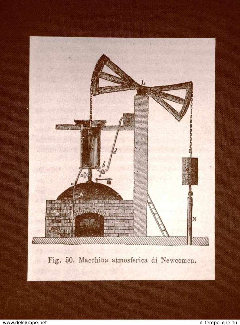 Incisione del 1875 Invenzione Macchina atmosferica di Newcomen