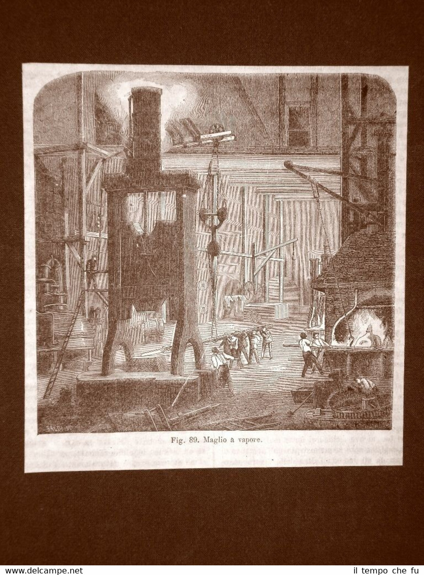 Incisione del 1875 Invenzione Maglio a vapore