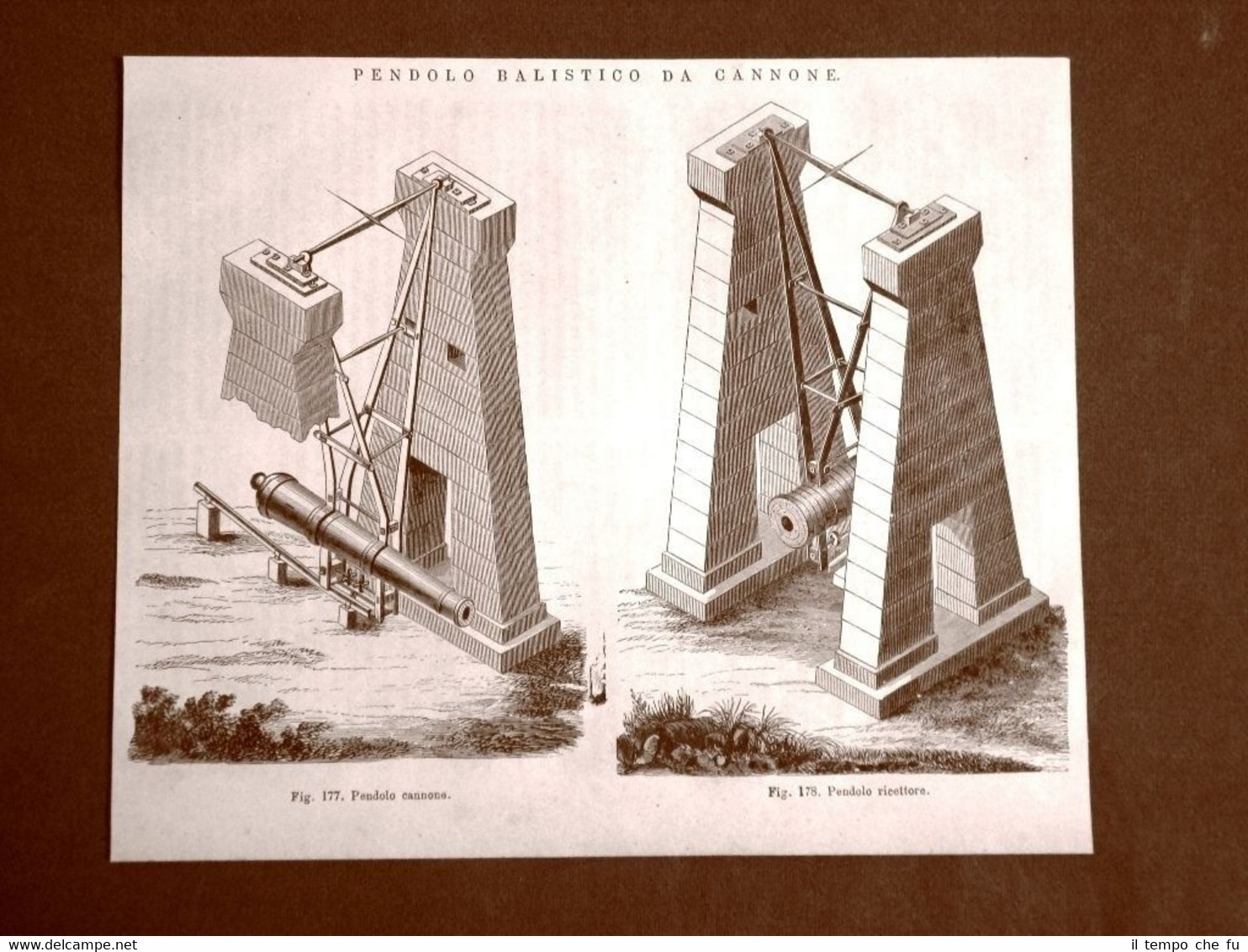 Incisione del 1875 Invenzione militare Pendolo balistico da cannone Artiglieria