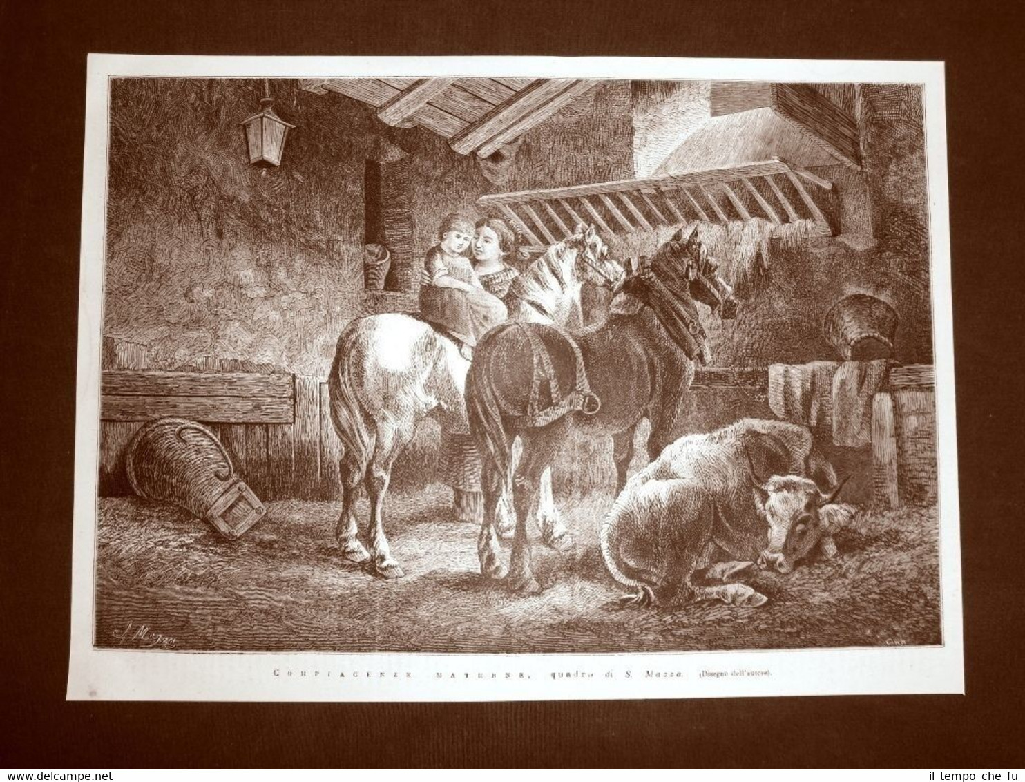 Incisione del 1876 Compiacenze materne Quadro di S. Mazza