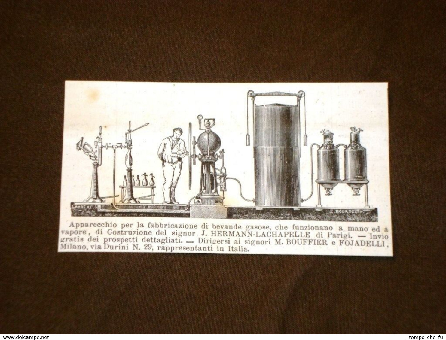 Incisione del 1879 Invenzione Apparecchio bevande gassose di Hermann Lachapelle