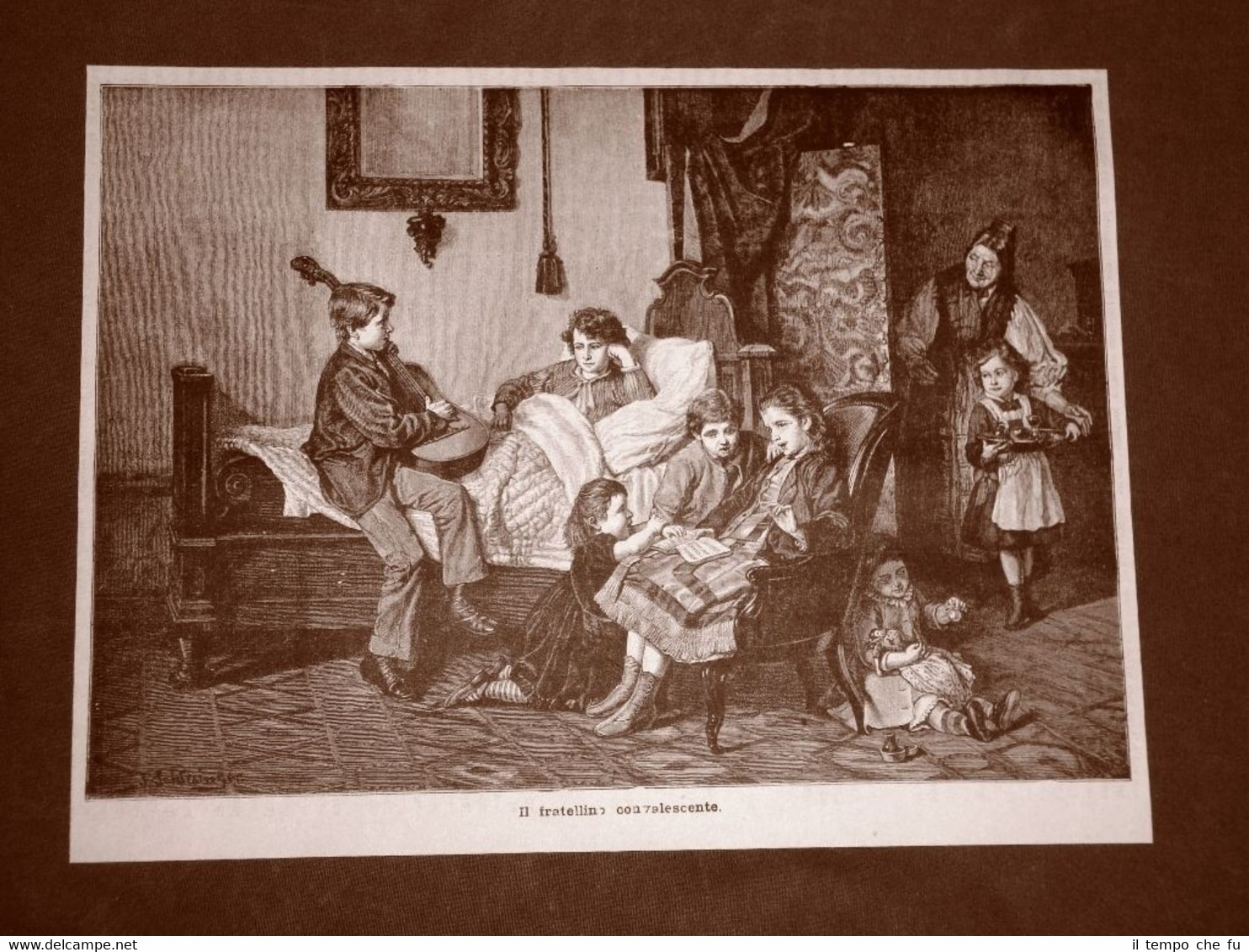 Incisione del 1881 Il fratellino convalescente Quadro di Schlesinger