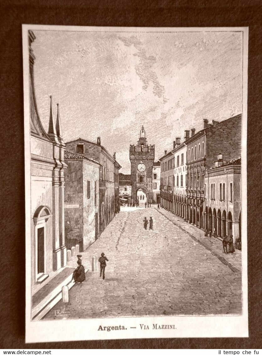 Incisione del 1891 Argenta, via Giuseppe Mazzini - Emilia Romagna