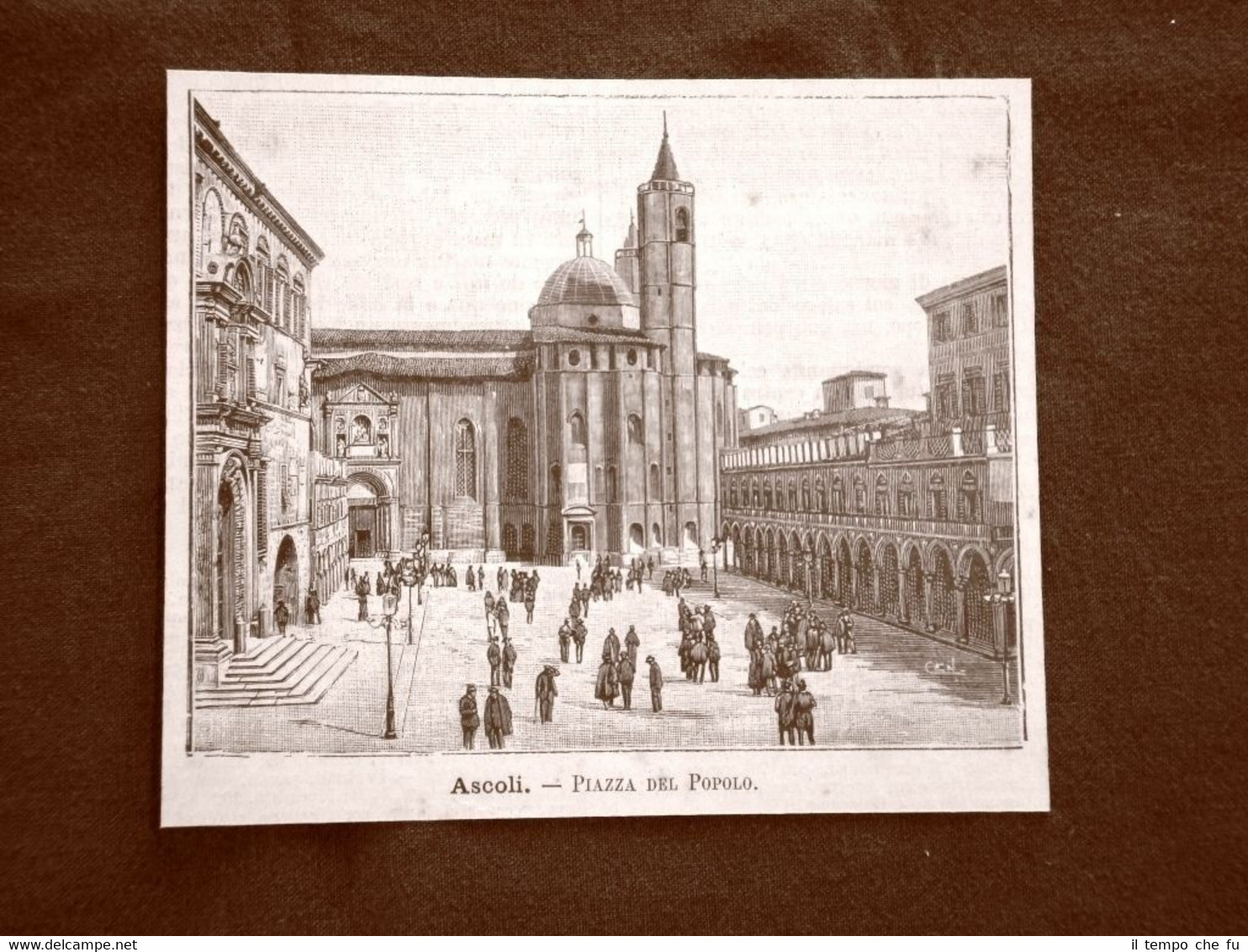 Incisione del 1891 Ascoli, Piazza del Popolo - Marche