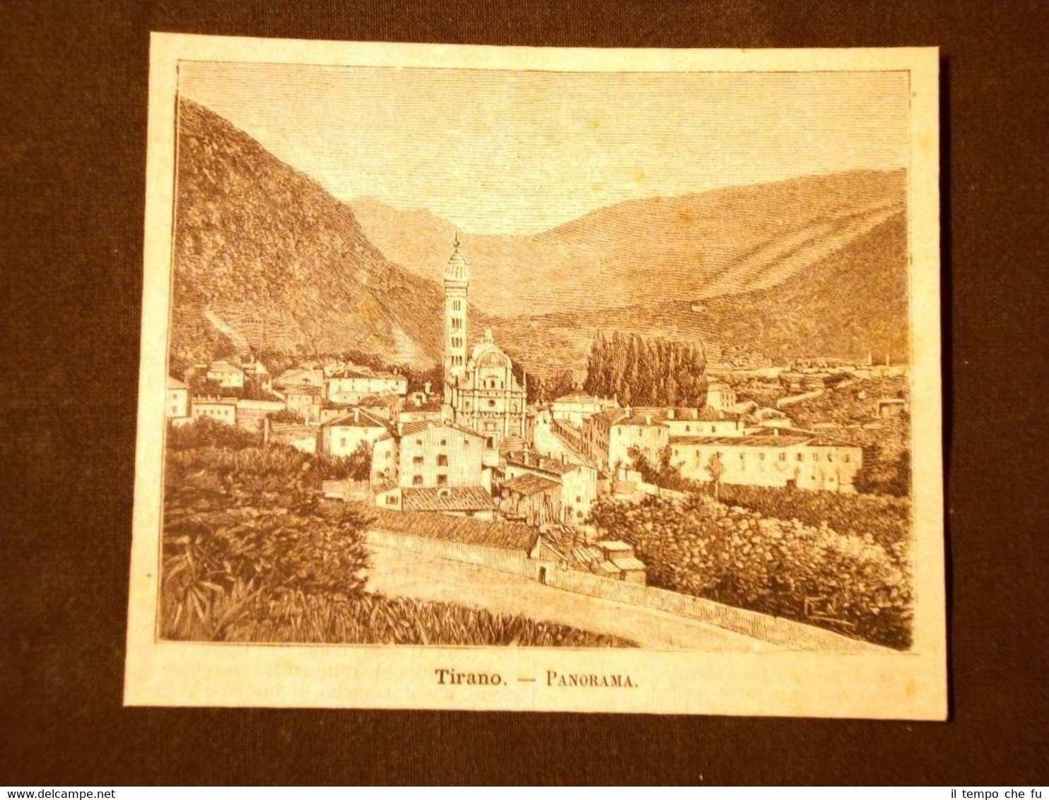 Incisione del 1891 Panorama di Tirano - Lombardia