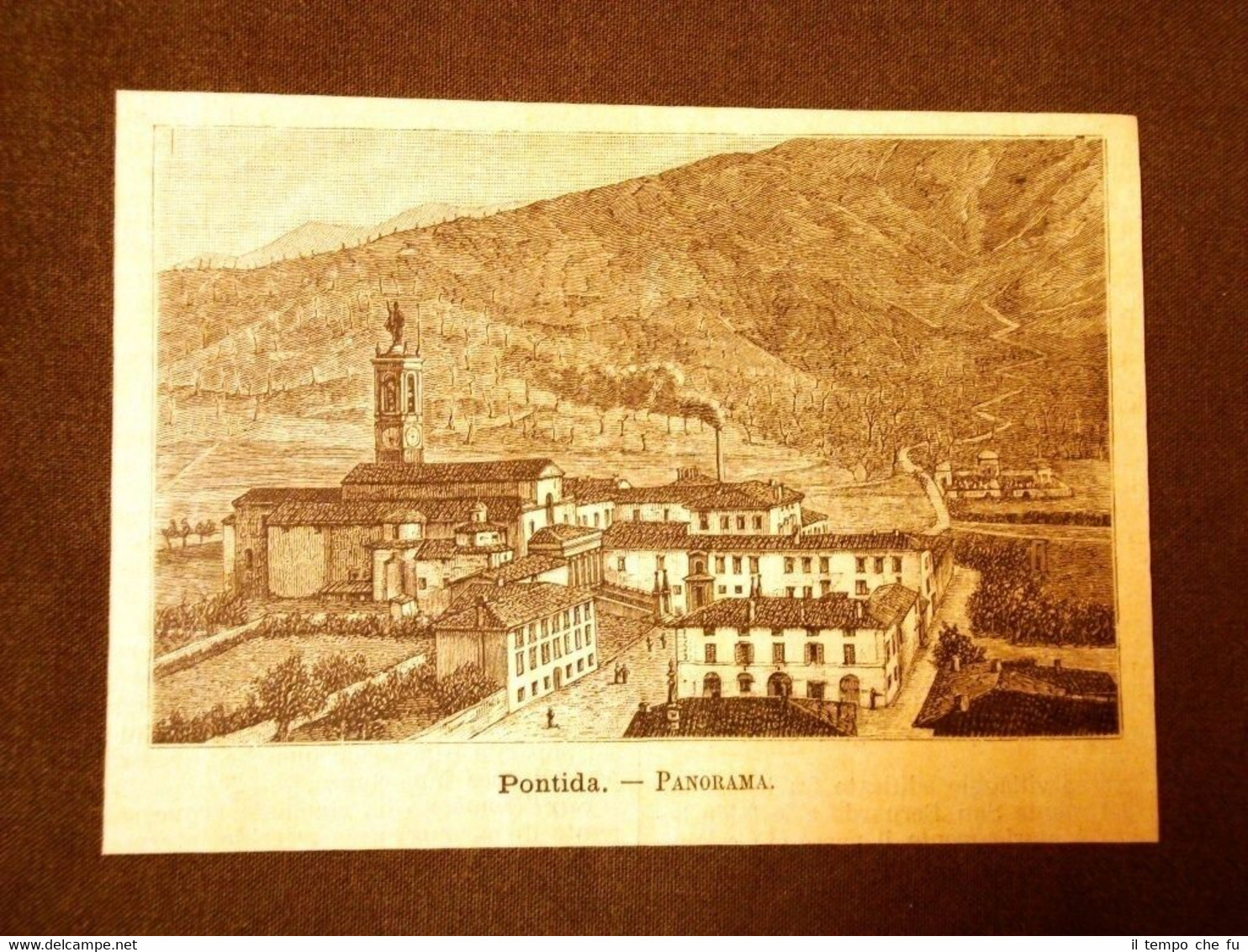 Incisione del 1891 Pontida, panorama - Lombardia