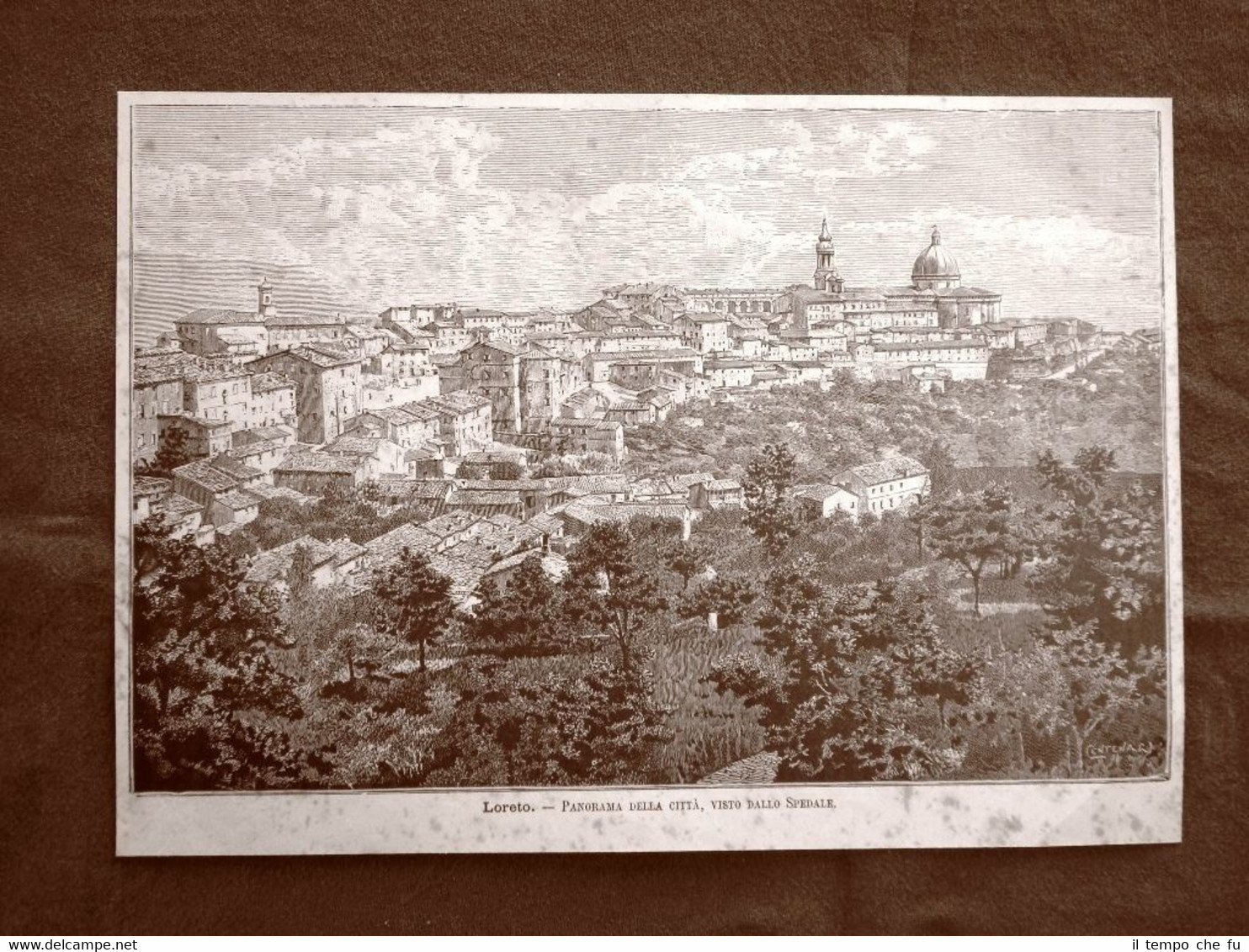Incisione del 1891 Rarissimo panorama di Loreto vista dall'Ospedale - …