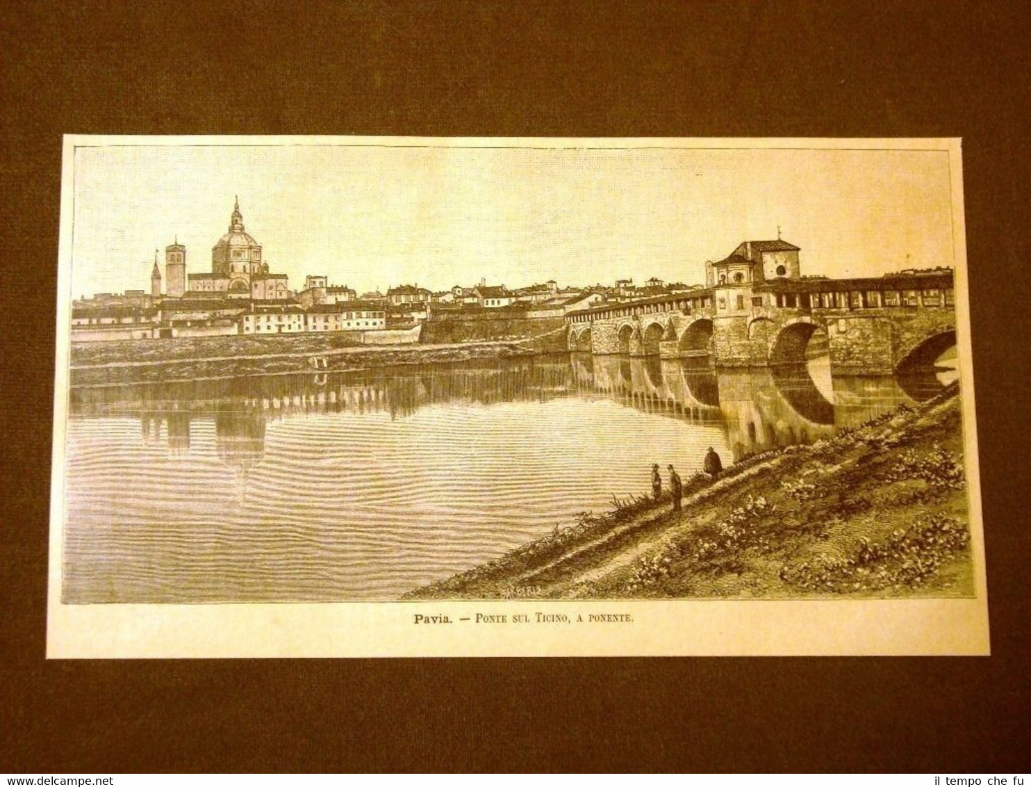 Incisione del 1891 Rarissimo panorama di Pavia, Ponte sul Ticino …