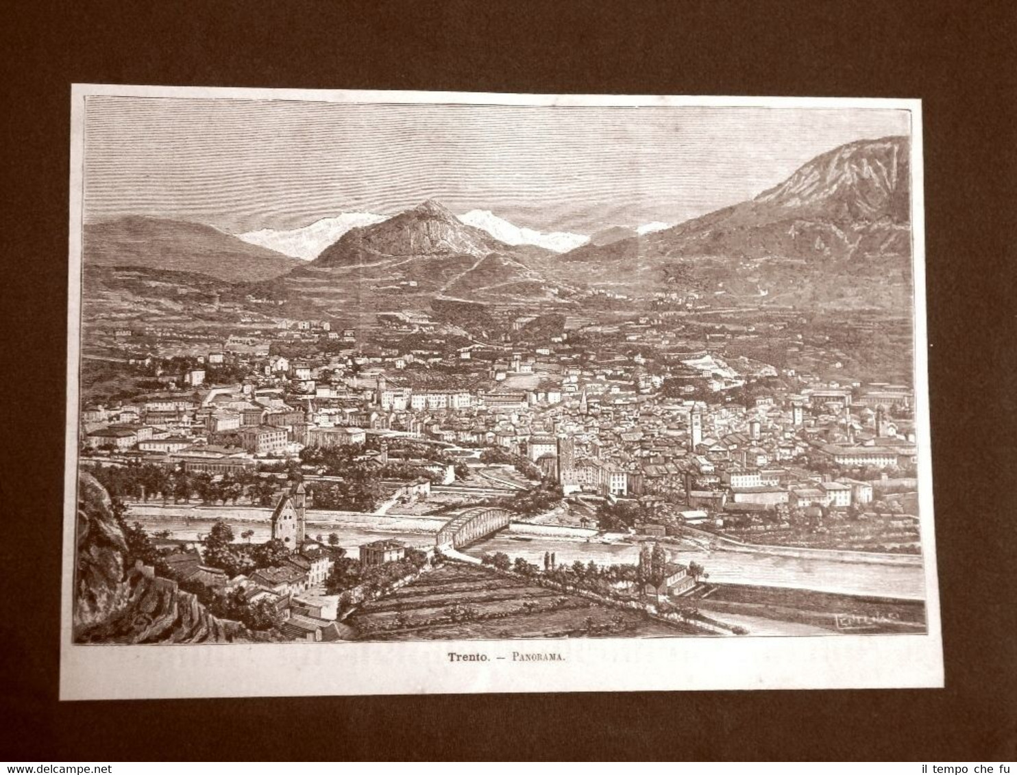 Incisione del 1891 Rarissimo panorama di Trento - Trentino-Alto Adige