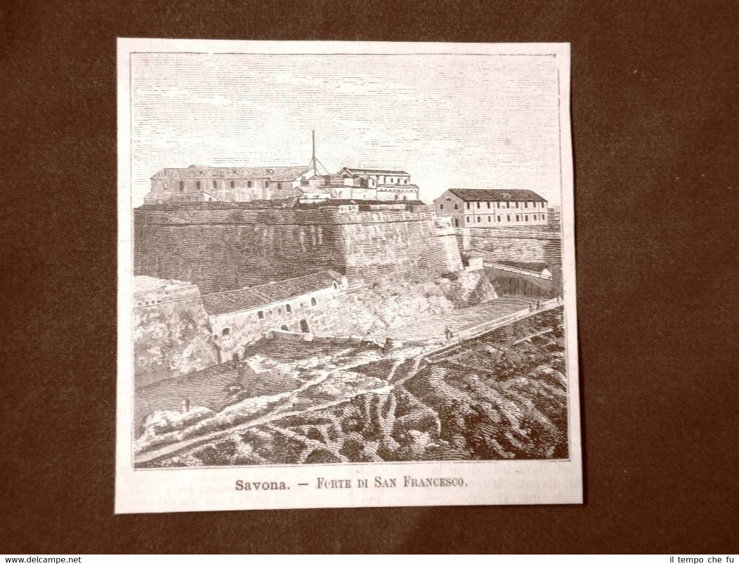 Incisione del 1891 Savona, Forte di San Francesco - Liguria