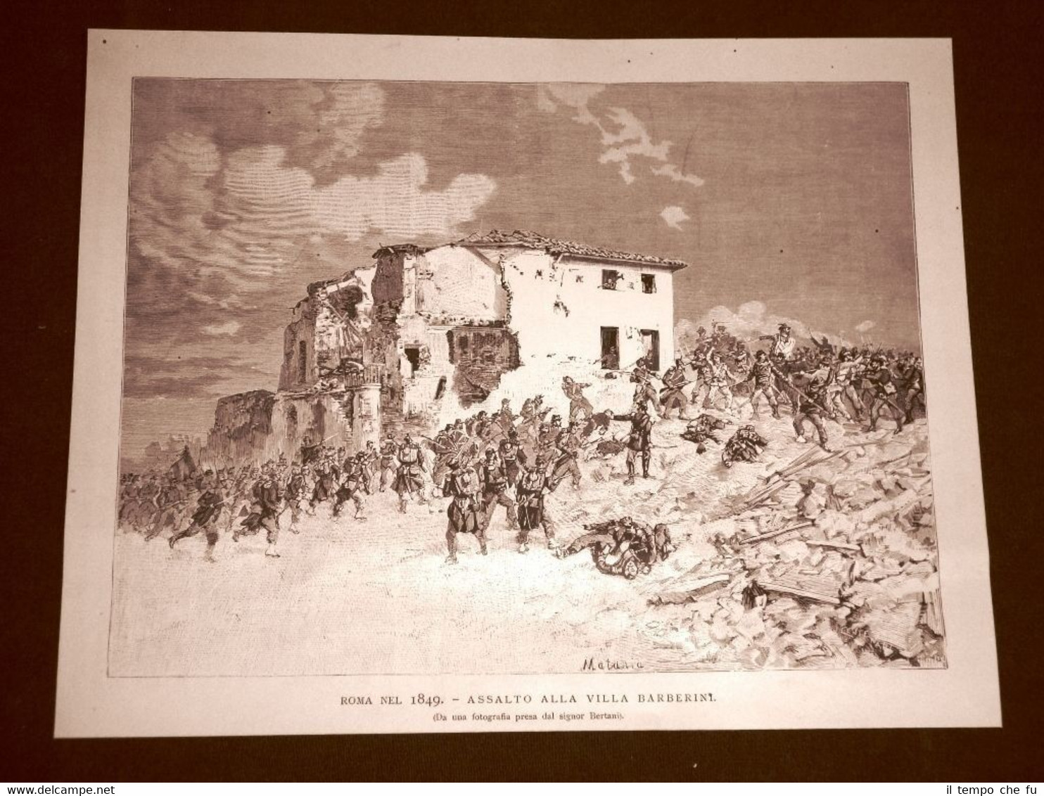 Incisione del 1892 Garibaldi e l'assalto alla Villa Barberini a …