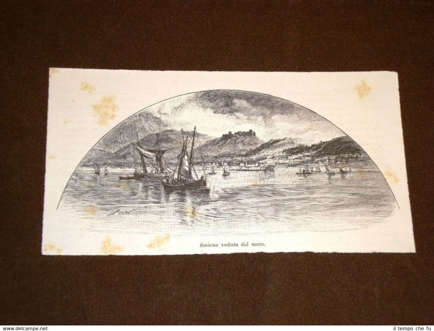 Incisione del 1892 Smirne o Izmir veduta da mare Turchia …