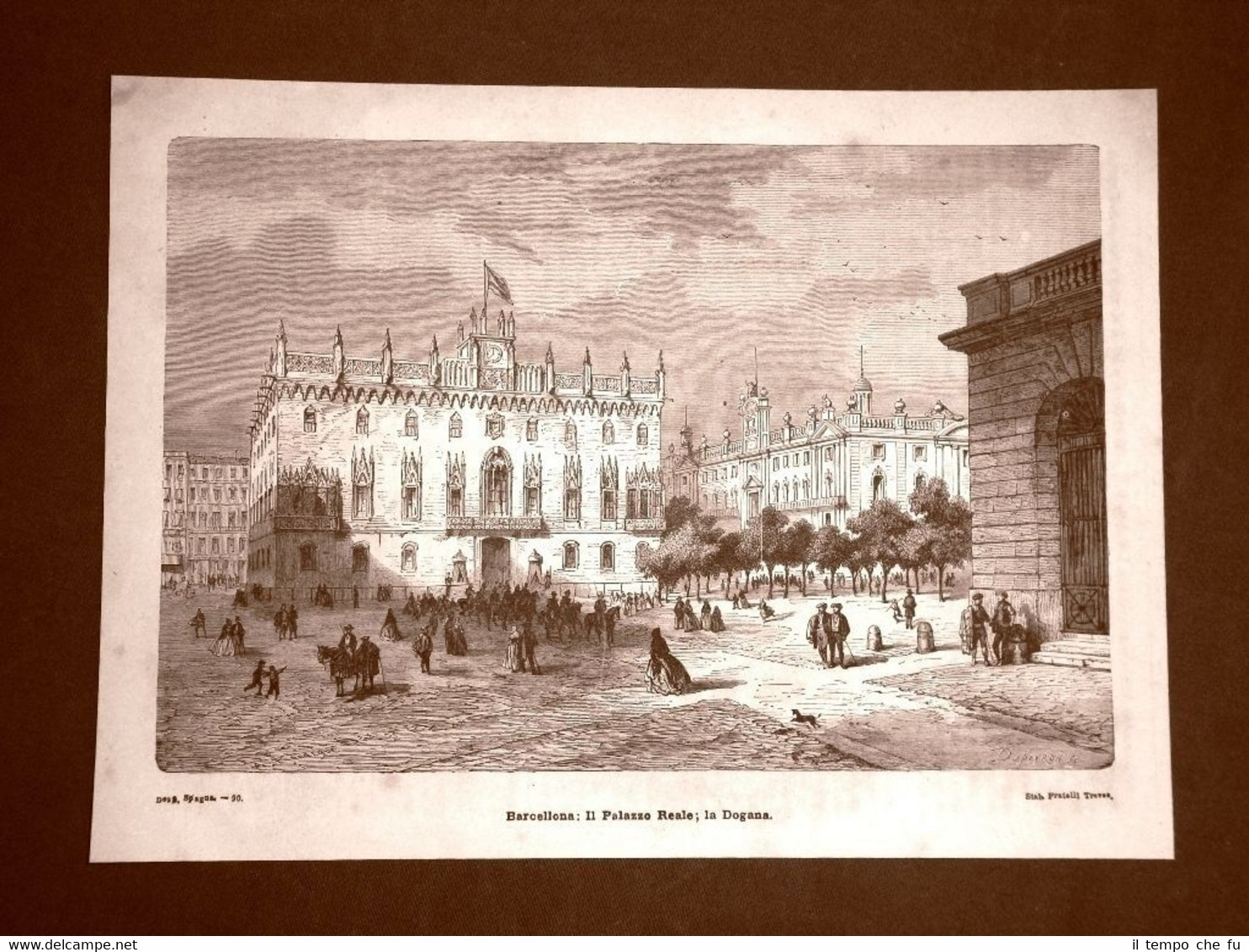 Incisione Gustave Dorè 1874 Palazzo Reale e Dogana Barcellona Spagna …