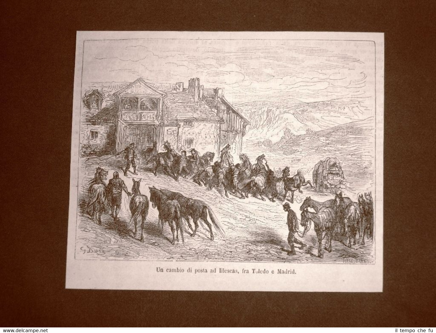 Incisione Gustave Dorè del 1874 Cambio di posta a Illescas …