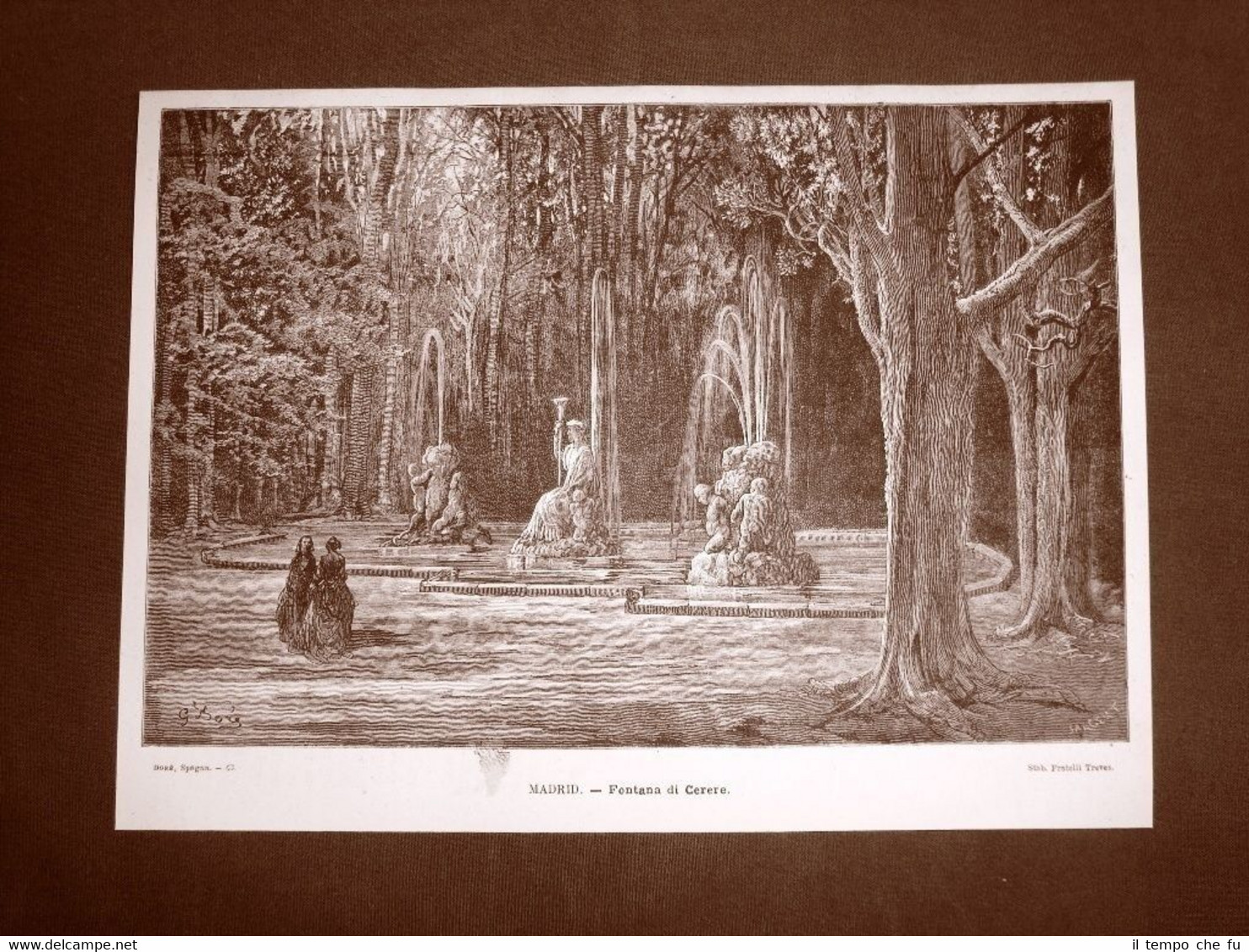 Incisione Gustave Dorè del 1874 Madrid Fontana di Cerere