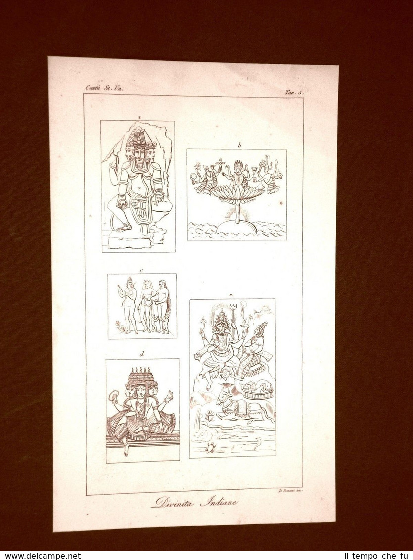 Incisione in rame del 1846 Divinità India Trimurti Bram Shiva …